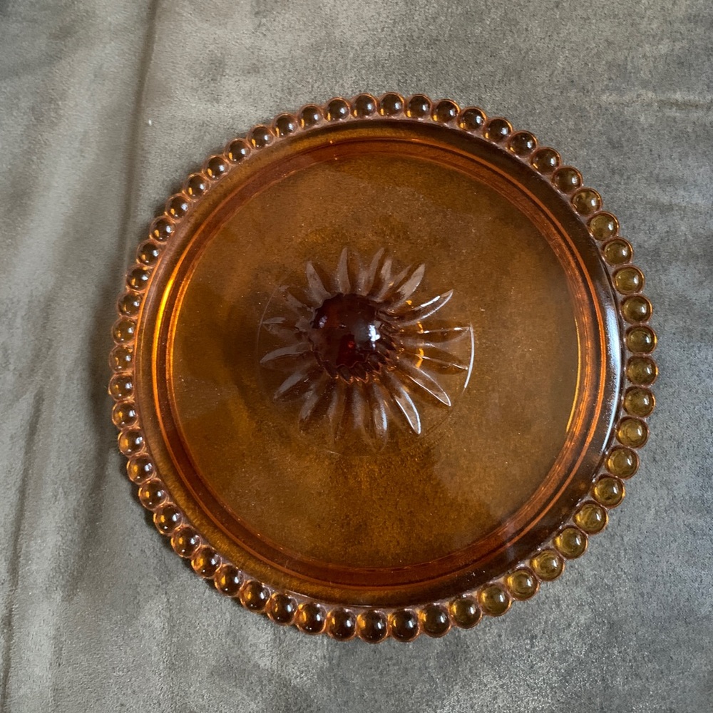 Vintage Indiana Depression Amber Glass Candy Dish Beaded Edge LID ONLY
